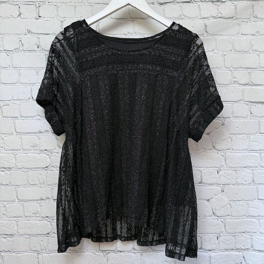 STYLE & CO. Womens Top Medium Petite Mesh Overlay with Tank Black Silver Stretch